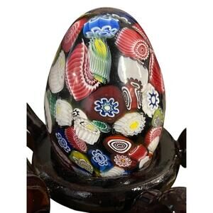 Millefiori Murano Cane Art Blown Glass Paper Weight Egg Shape & Stand